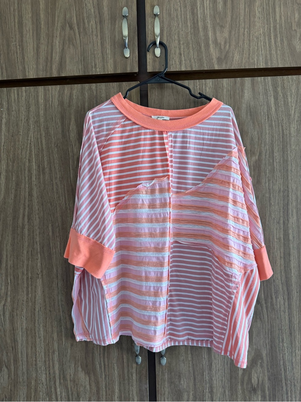 Blue Velvet Coral and White Patchwork Striped Short Sleeve Top